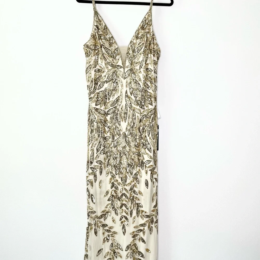 NWT Mac Duggal Embellished Leaf Evening Gown Nude Gold - Picture 5 of 7